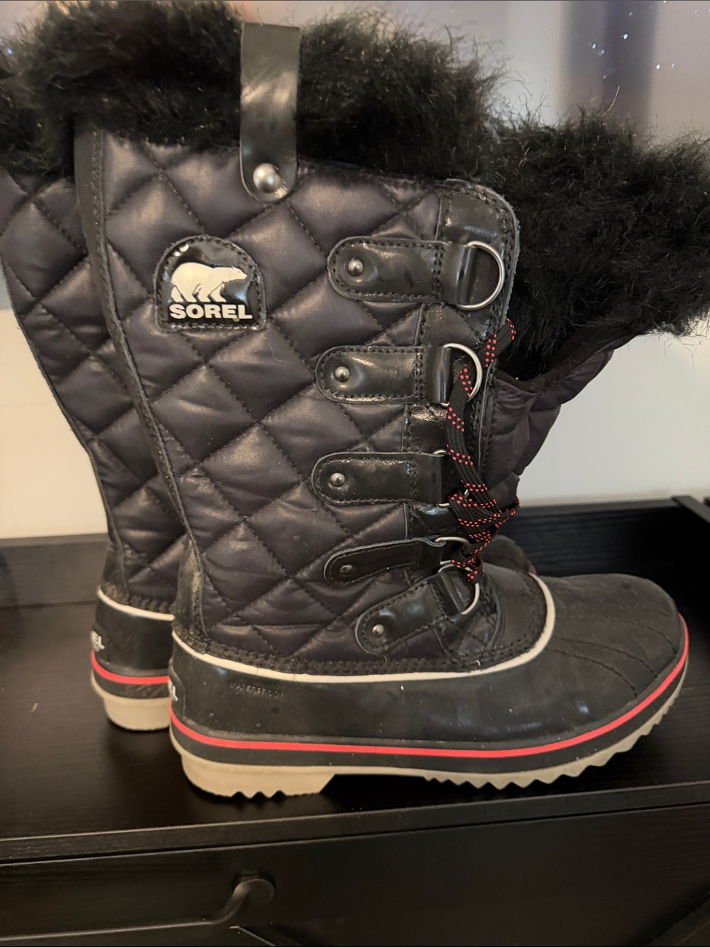 Sorel Black Quilted Faux Fur Lace-Up Winter Boots with Red Accent